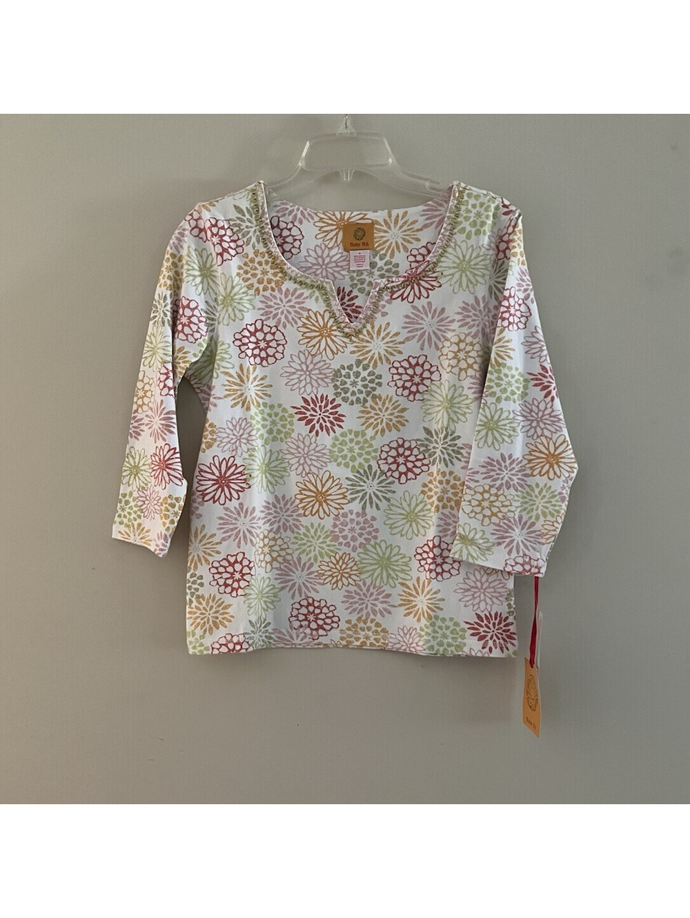 NEW Ruby Rd Women's Small Boho beaded multicolor daisy floral long sleeve shirt